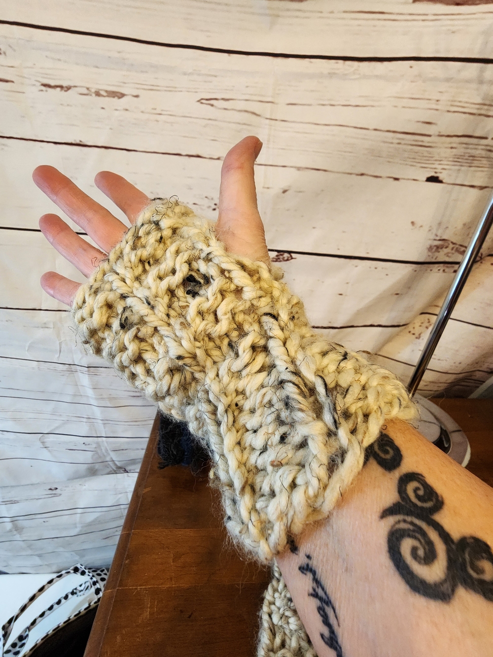 Cozy Cream Speckled Knit Fingerless Mitts with Thumb Opening